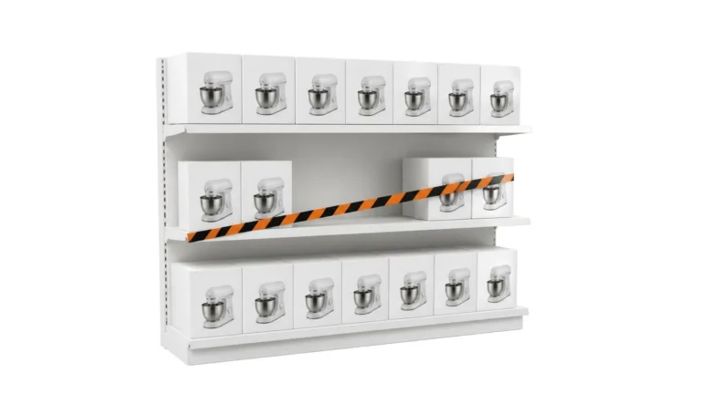 Sanctions decree under the GPSR: a store shelf blocked with striped tape and a product withdrawn from sale