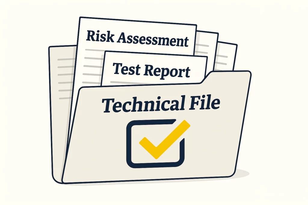 Illustrazione del fascicolo tecnico GPSR con valutazione dei rischi e test report per conformità e sicurezza prodotti