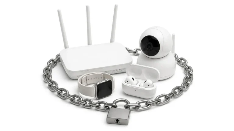 Cybersecurity for radio equipment: a router, a camera, a smartwatch and earbuds secured by a chain and padlock