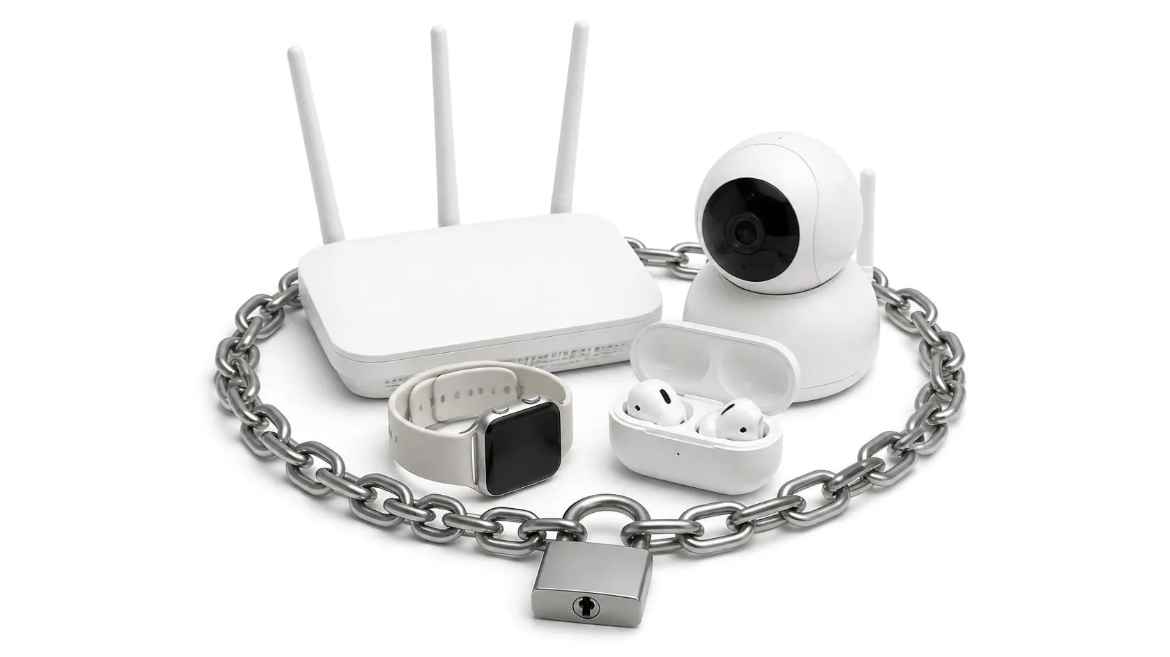 Cybersecurity per le apparecchiature radio: router, videocamera, smartwatch e auricolari chiusi da una catena con lucchetto
