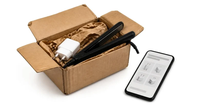 Sicurezza prodotti e-commerce: pacco aperto con un caricabatterie e una piastra per capelli acquistati online, accanto allo smartphone