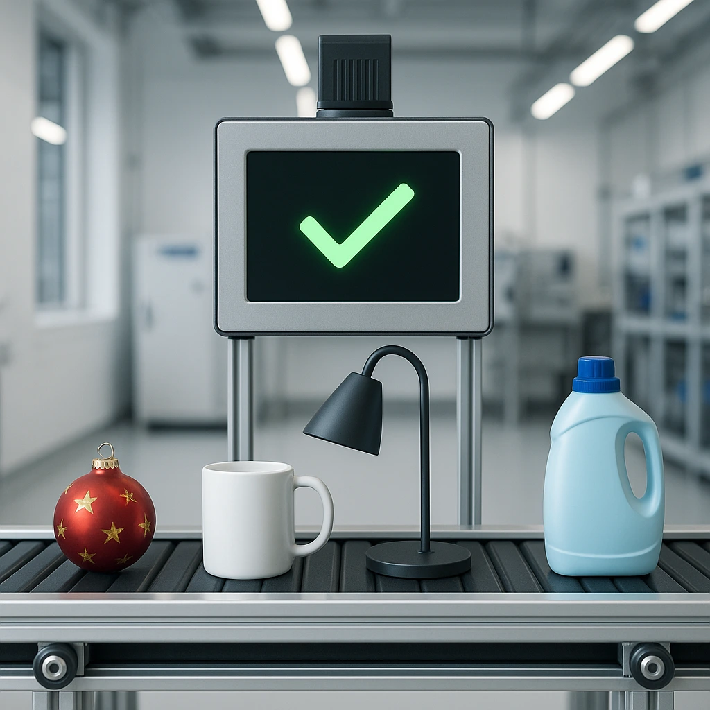 Linea di controllo qualità con spunta verde a monitor; prodotti verificati e conformi.