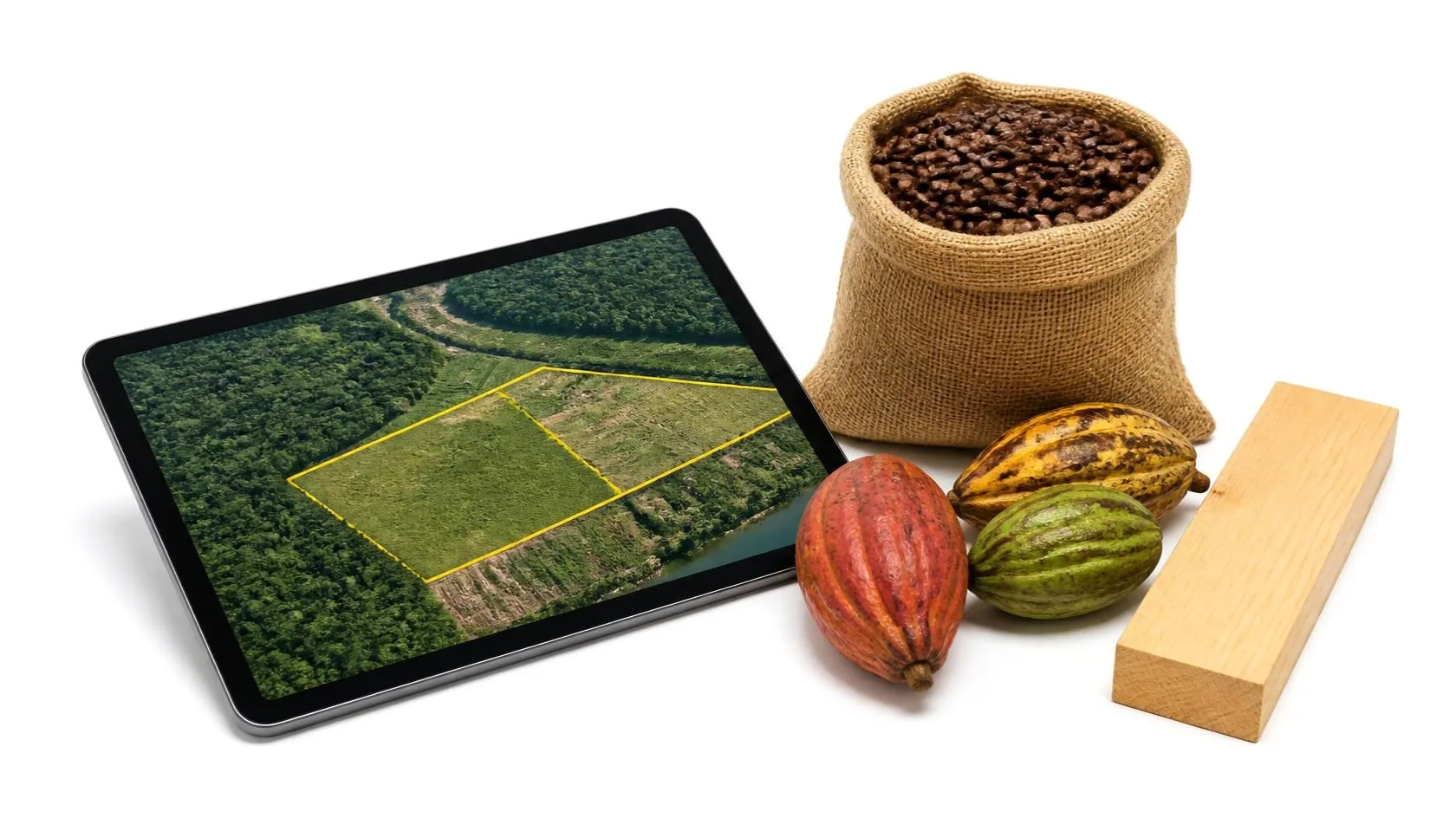 EUDR: a tablet showing the satellite map of a plot, next to coffee, cocoa and wood
