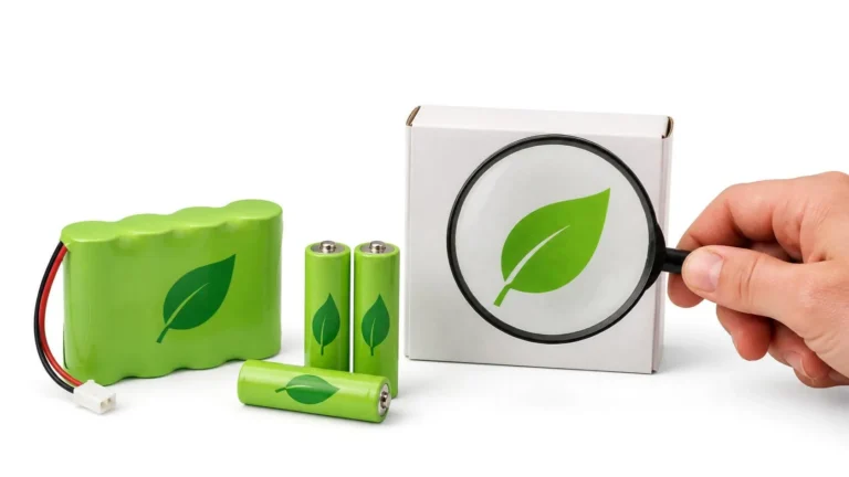 Greenwashing: green leaves on batteries and on a product box, examined with a magnifying glass
