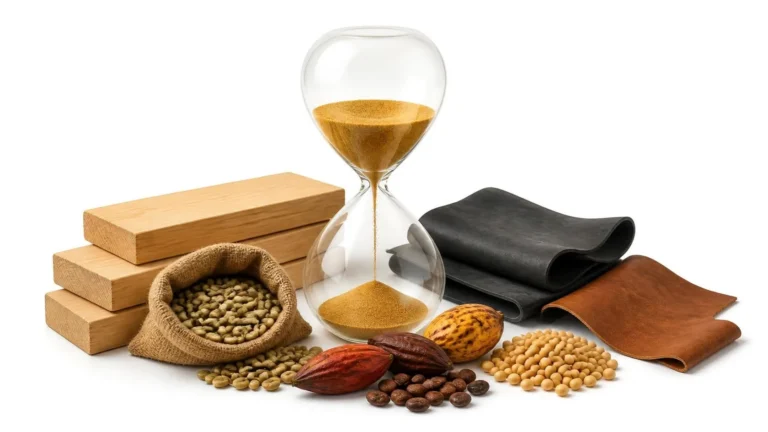 EUDR: clessidra fra legno, caff&egrave;, cacao, soia, gomma e cuoio, le materie prime del regolamento