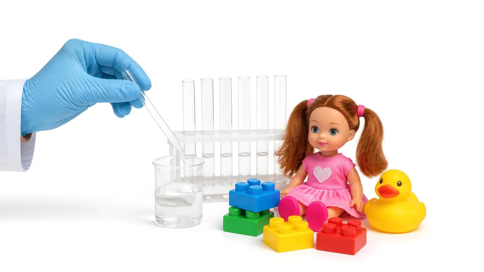 Regolamento sicurezza giocattoli: prova chimica di laboratorio su una bambola, mattoncini e una paperella