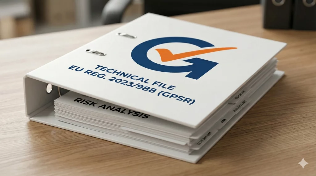 Raccoglitore del Fascicolo Tecnico (Technical File) conforme al Regolamento UE 2023/988 (GPSR) per la conformità e sicurezza prodotti, con sezione visibile dedicata all'analisi dei rischi.