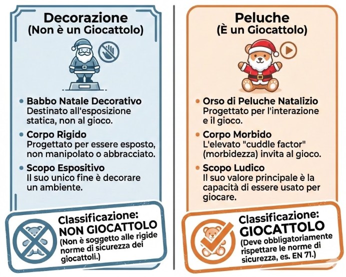 Infografica che distingue tra decorazione natalizia e peluche giocattolo basandosi su materiali, scopo e interazione, come mostrato nell'immagine. Il lato sinistro descrive una decorazione rigida non classificata come giocattolo, mentre il lato destro classifica un peluche morbido come giocattolo, sottolineando che deve rispettare le norme di sicurezza giocattoli. Questa corretta classificazione è essenziale per l'applicazione della marcatura CE secondo la Direttiva 2009/48/CE e per la futura conformità al Regolamento (UE) 2025/2509 e al Passaporto Digitale del Prodotto (DPP)