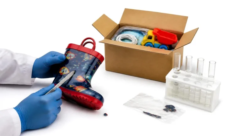 Regolamento REACH: prelievo di un campione da uno stivale di plastica per bambini, con altri prodotti importati e provette