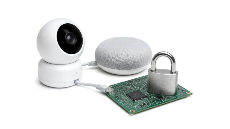 Cyber Resilience Act: a connected camera and speaker linked to a circuit board locked with a padlock