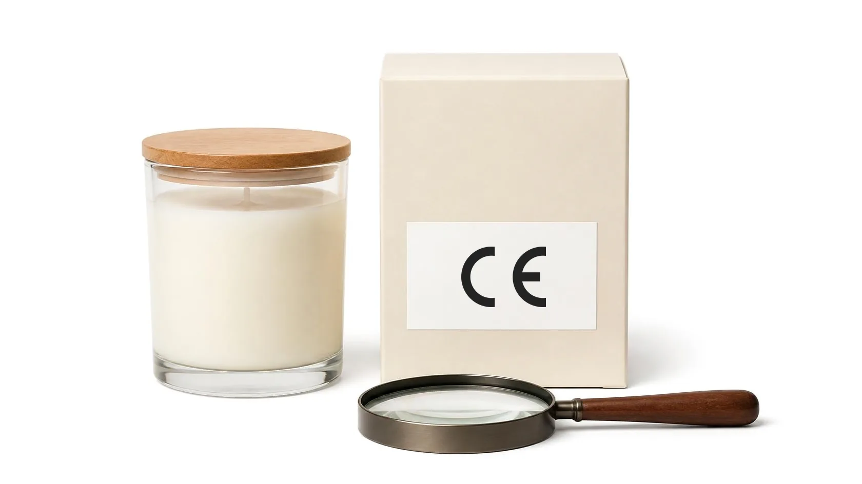 CE mark not applicable: CE marking printed on the box of a scented candle, next to a magnifying glass