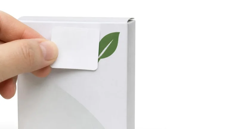 Environmental claims corrected with an adhesive label on a product package, next to a green leaf