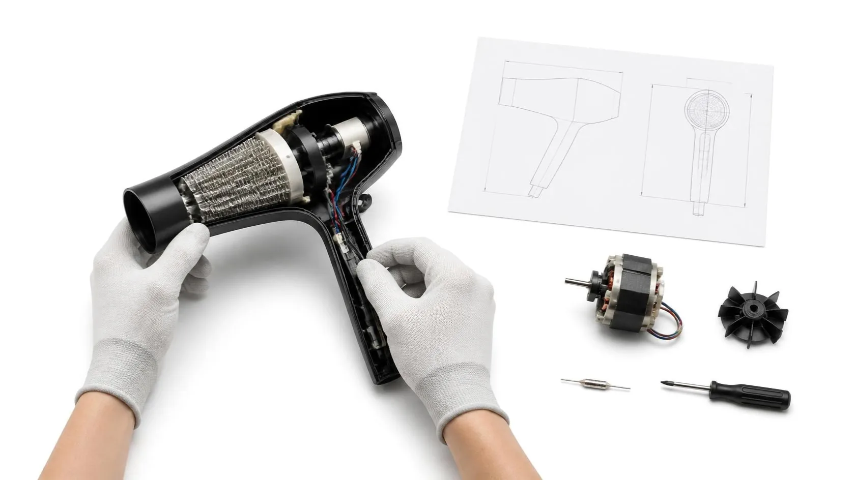GPSR manufacturer's obligations: assembling a hair dryer with its technical drawing and components