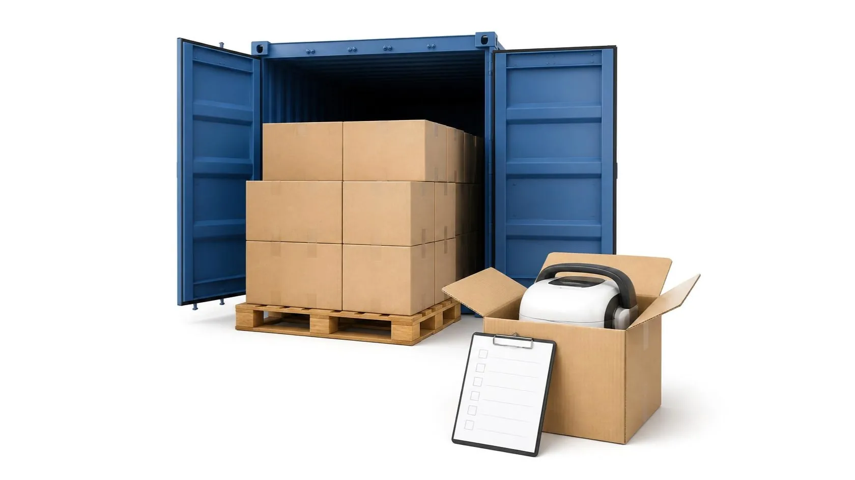 GPSR obblighi importatore: container aperto con merce importata e controllo con una lista di verifica
