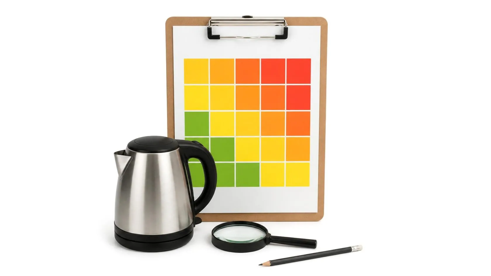 GPSR risk analysis: a coloured risk matrix next to a kettle, with a magnifying glass and a pencil