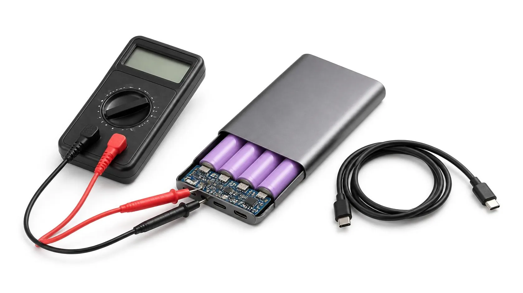 Power bank aperto con le celle al litio, misurato con un multimetro, e cavo USB-C
