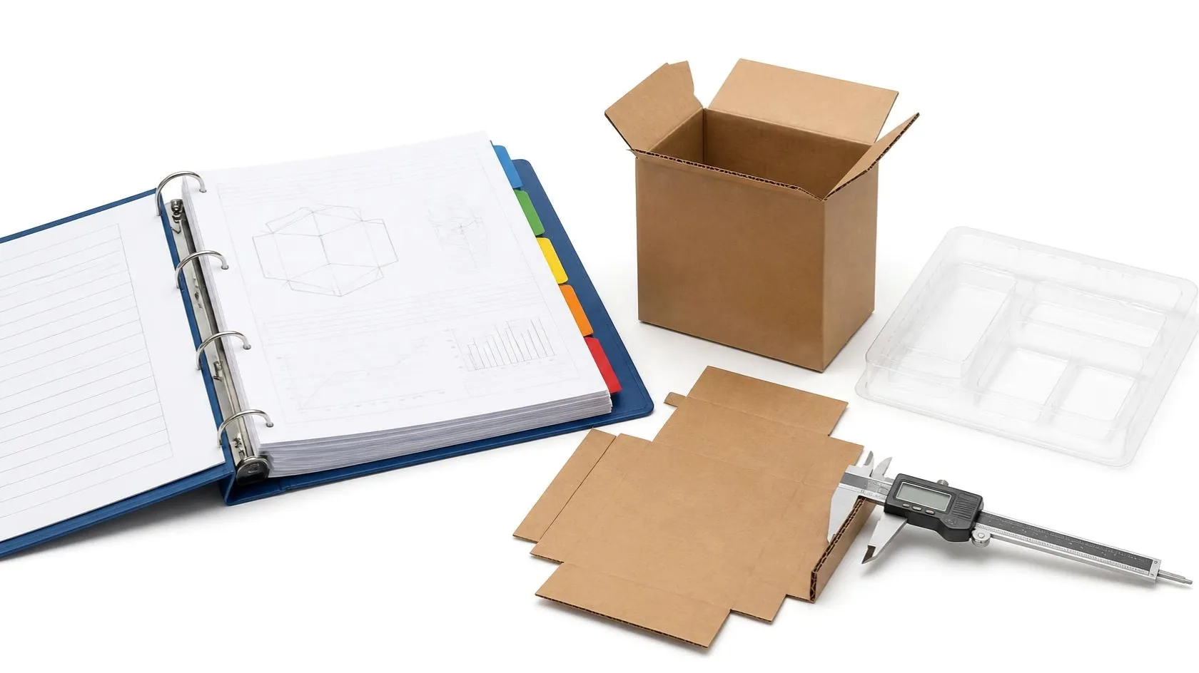 PPWR technical file: a binder with the packaging drawing, a box, its flat blank, a tray and a caliper