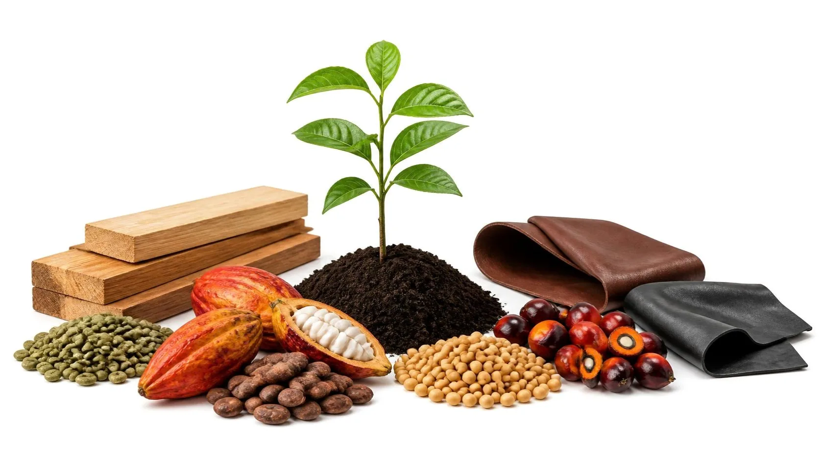 EUDR: piantina in un cumulo di terra circondata da legno, caff&egrave;, cacao, soia, frutti di palma, cuoio e gomma