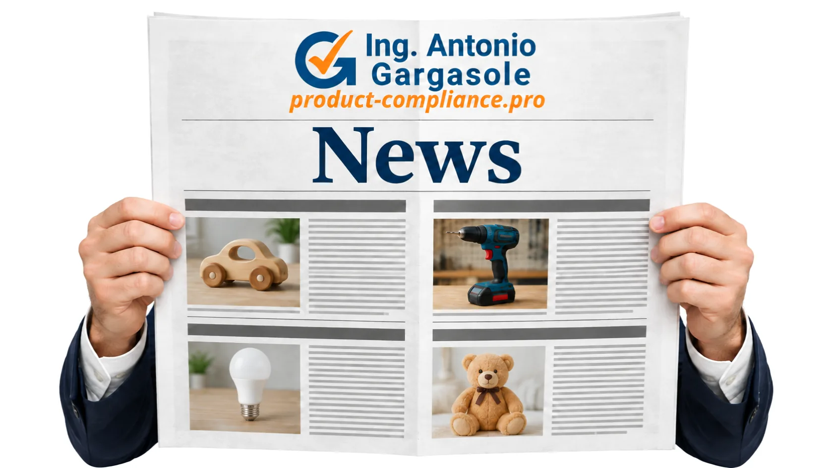 Mani che tengono aperto un quotidiano con il logo product-compliance.pro come testata e il titolo News
